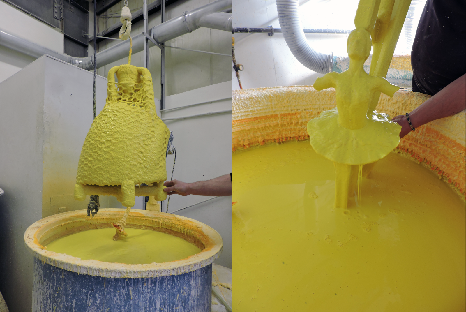 photo of gated & vented wax pattern being dipped in ceramic shell