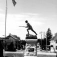 The completed memorial with all bronze plaques were hot waxed on site. The Dough Boy sits in the center of Jefferson, PA and is a gathering place for many of the city events during the holidays.